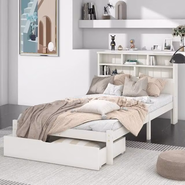 Letto Singolo in Legno Massello 90x200 cm con Testiera a Libreria e Cassetti Bianco