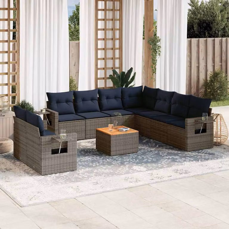 Set di divani da giardino vidaXL in polyrattan grigio con cuscini e tavolino da esterno a forma di U