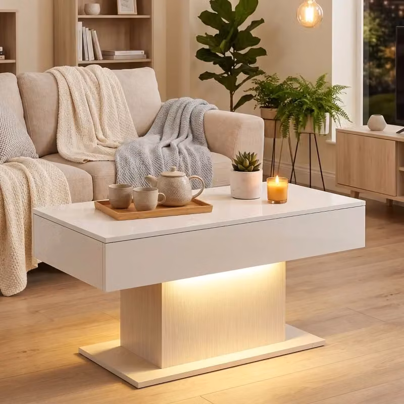 Tavolo da caffè REDOM con illuminazione LED e 2 cassetti, bianco lucido – 2