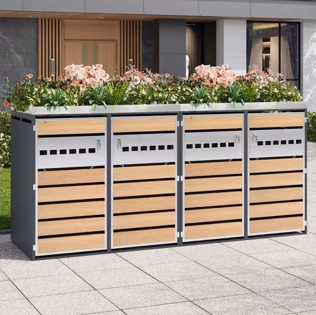 Box per 4 bidoni dei rifiuti con fioriera integrata; porte ventilate e chiudibili; grigio effetto legno