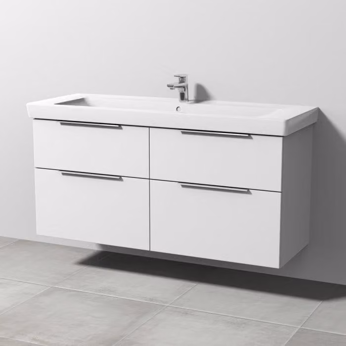 Mobile sottolavello Sanipa a 3 cassetti, compatibile con il lavabo in Vetroceramica Subway 2.0 da 130 cm, dotato di 4 cassetti con maniglie a incasso