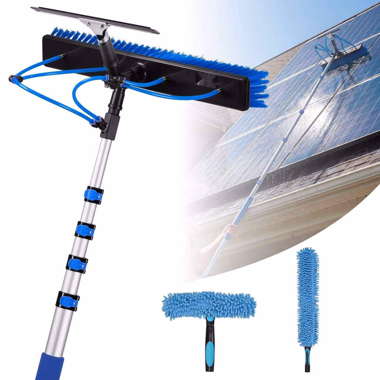 Spazzola telescopica per pannelli solari e impianti fotovoltaici - Set di pulizia 2 in 1 - Asta telescopica in alluminio da 1,2–4,6 m - Tubo flessibile da 20 m - Raschietto - Dispenser per sapone - Per finestre e coperture per terrazze