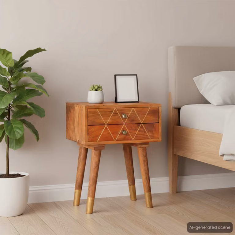 Comodino vidaXL in legno di mango color marrone e oro, design geometrico rustico, L 30 cm x P 40 cm x H 58 cm