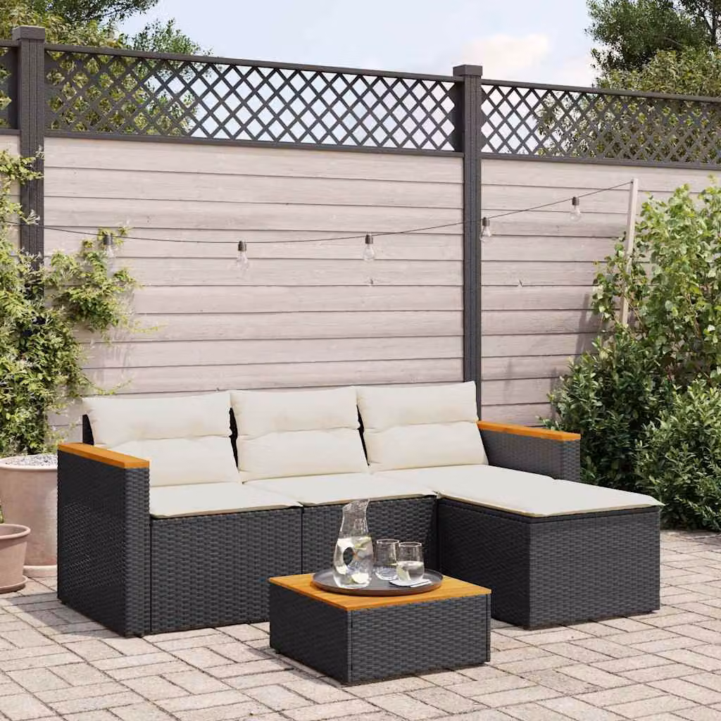 Set da giardino vidaXL composto da divano a 3 posti, tavolino e pouf in polyrattan nero con cuscini imbottiti e resistenti ai raggi UV