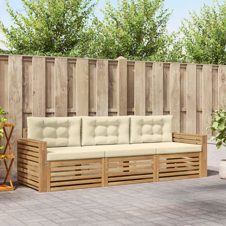 Set di divani da esterno vidaXL in legno di acacia con cuscini, Bianco e Beige