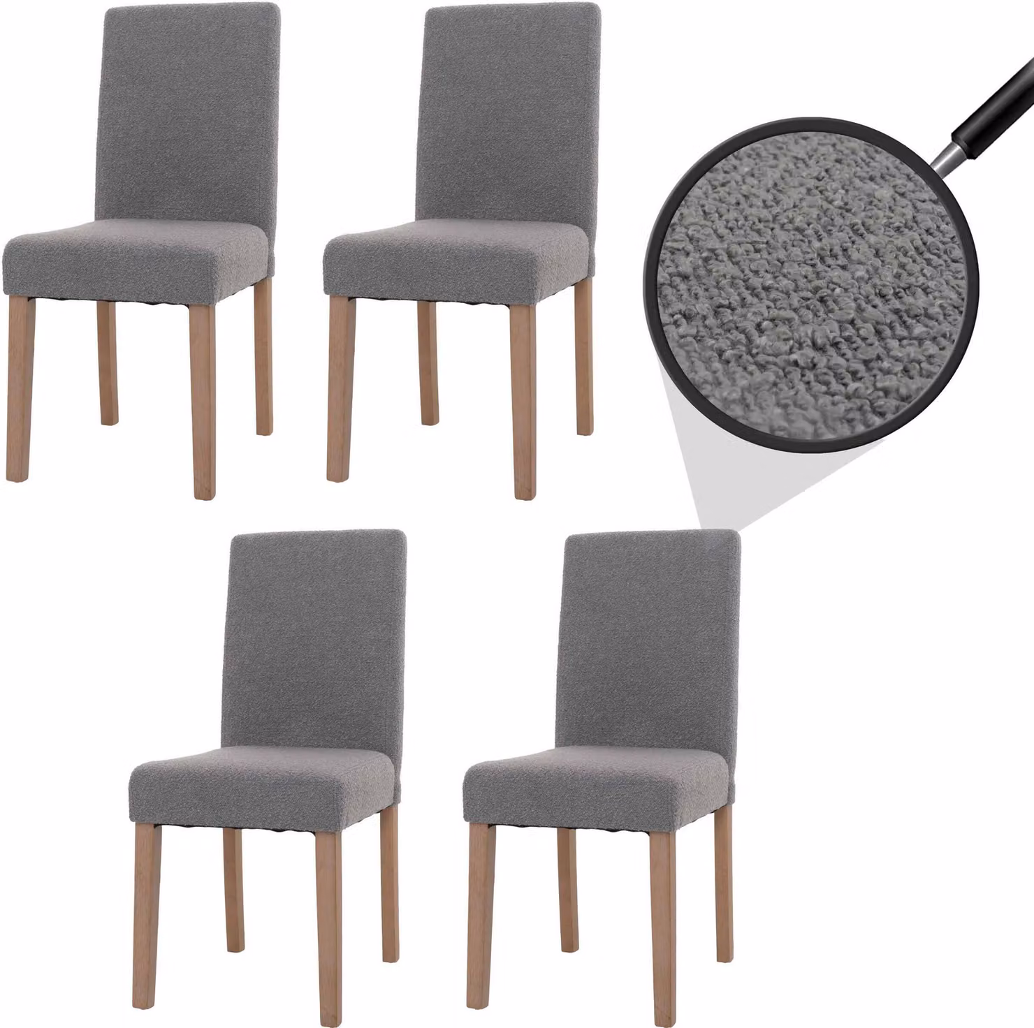 set di 4 sedie da pranzo Littau, sedia da cucina con schienale alto, tessuto/textile bouclé legno ~ grigio, gambe color naturale