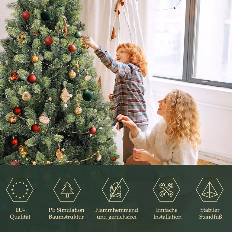 Albero di Natale artificiale, alto 210 cm, dal aspetto realistico e con luci integrate