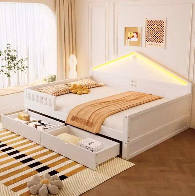 Letto singolo multifunzione 140x200 cm con LED; 2 cassetti; bianco
