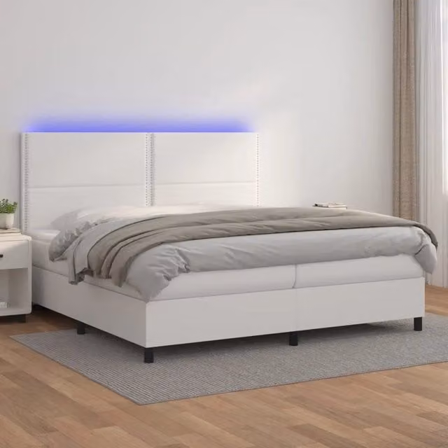 Letto con Giroletto a Molle, Materasso Ibrido e LED di vidaXL, Similpelle Bianco, L 200 cm x P 200 cm – 1