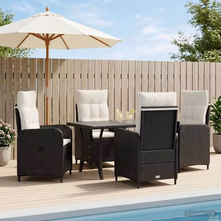 Set da pranzo per esterni vidaXL in polyrattan da 5 pezzi, colore nero e bianco crema, design moderno