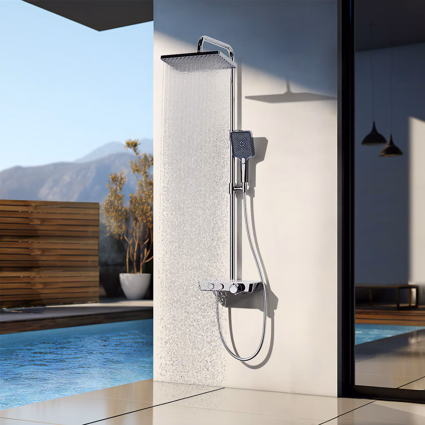 Sistema doccia EMKE con termostatico Set doccia in acciaio inox con doccetta a 3 funzioni, doccia a pioggia, pannello doccia, rubinetteria per vasca e doccia, KTW, cromo - F08