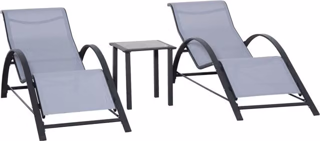 Set di 2 lettini prendisole e tavolino con piano in vetro Outsunny, Grigio Chiaro, L/P/H: 59 x 169 x 66 cm