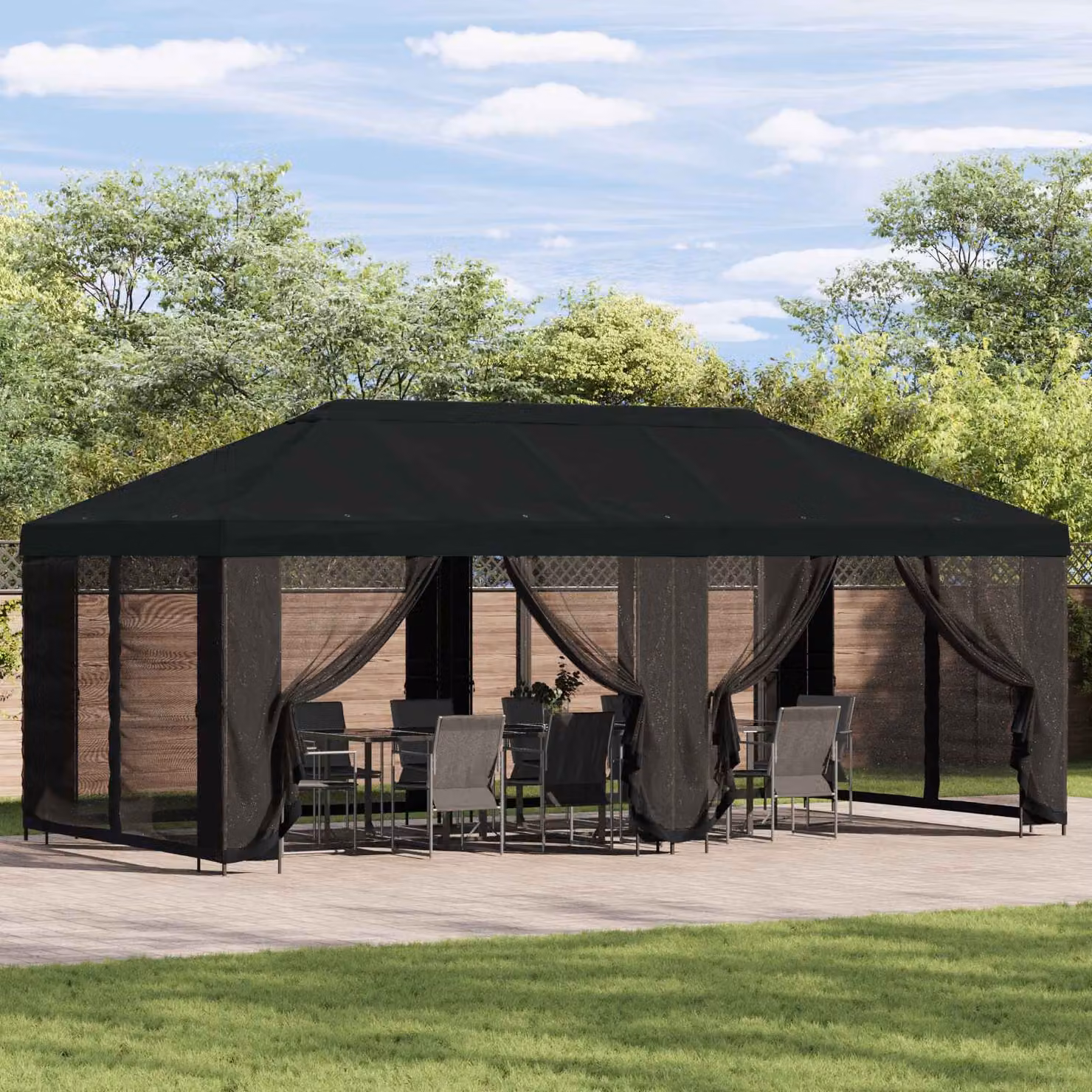 vidaXL Gazebo da giardino con pareti laterali in acciaio e poliestere Nero L: 600 cm, P: 300 cm, H: 276,5 cm