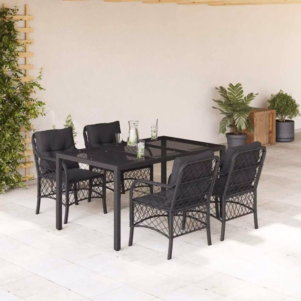 Set da Pranzo da Giardino vidaXL 5 pz in Polyrattan Nero con Piano in Vetro – 1