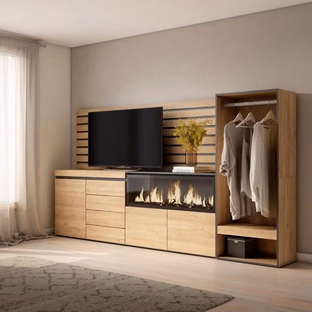 Credenza con Camino Elettrico XXL e Armadio Aperto SKRAUT HOME, Colore Rovere, L: 274 cm, P: 35 cm, H: 145 cm – 1