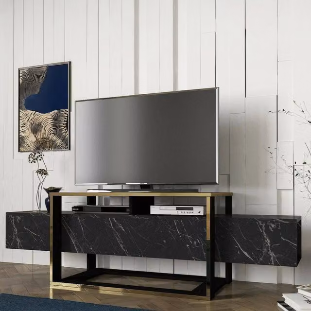 Mobile porta TV Jo, Credenza da soggiorno, Armadio basso per TV, Base parete attrezzata, 160x46h50 cm, Nero e Oro