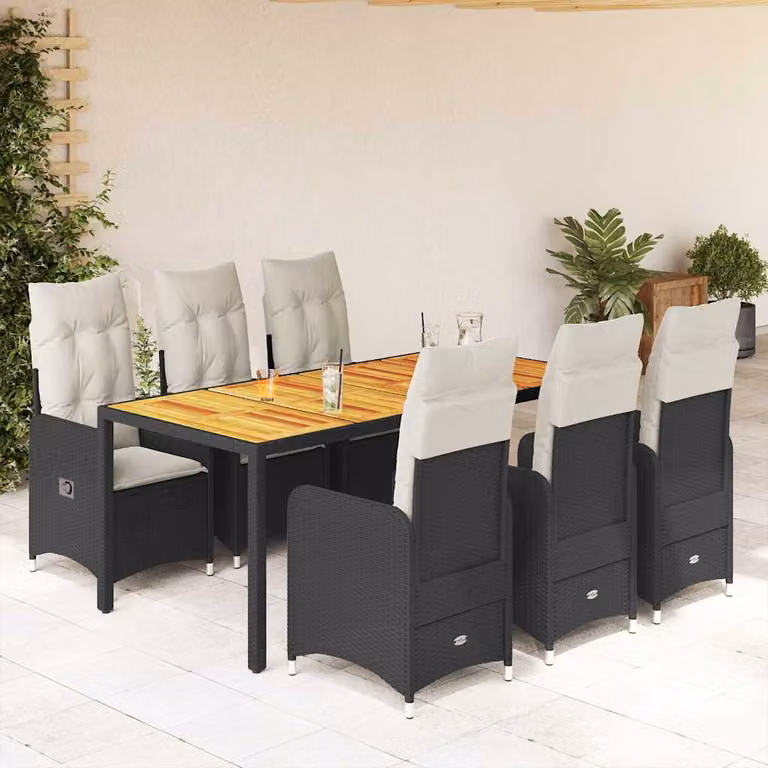Set da Bistrò da Giardino vidaXL 7 pz in Polyrattan e Legno di Acacia con Cuscini Nero