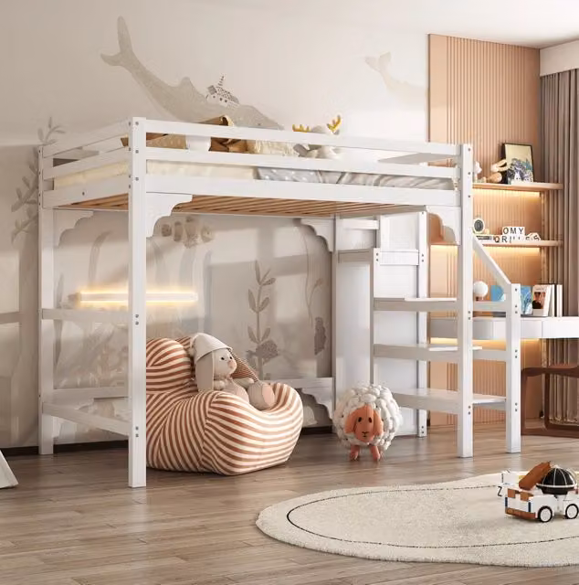 Letto a soppalco in legno di pino 140x200 cm con scala, armadio e rete a doghe, bianco