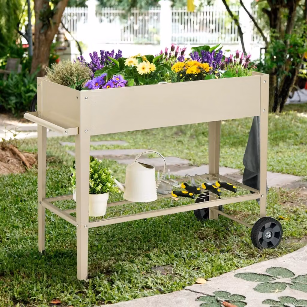Aiuola rialzata DESIGN IN in metallo con ripiano, ruote e impugnatura per orto e fiori, Beige, L: 95 cm, P: 65 cm, H: 40 cm – 2