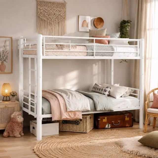Letto a castello MODFU in ferro convertibile in 2 letti singoli, bianco, L/P/H: 196 x 103 x 156 cm