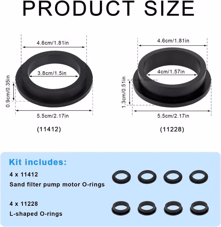 Guarnizione a forma di "L" in gomma, ricambio per pompe a filtro a sabbia per piscine. Compatibile con i motori delle pompe a filtro a sabbia Intex (4 pezzi modello 11228 e 4 pezzi)