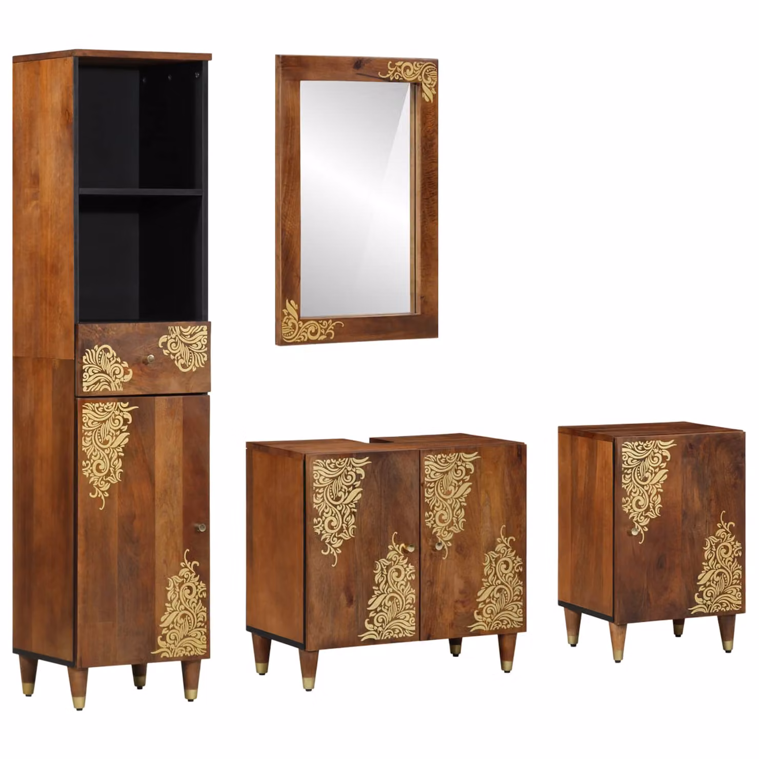 Set di 4 mobili da bagno vidaXL in stile rustico color marrone mango, comprensivo di mobile lavabo, pensili e colonna, L/P/H: 62 x 33 x 58 cm