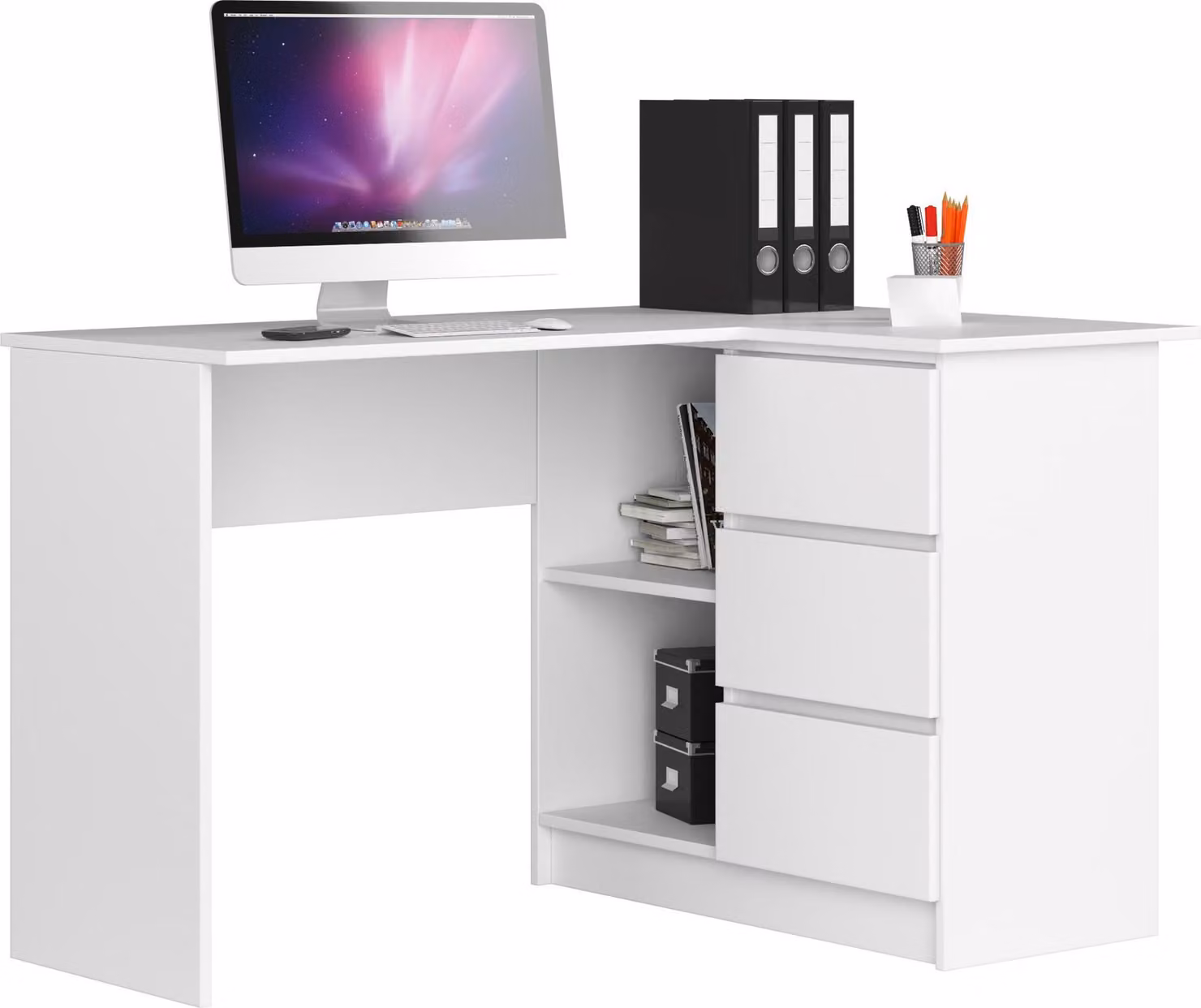 Scrivania angolare da 124 cm con 3 cassetti, scrivania per computer a forma di L, mobile angolare a 2 scomparti