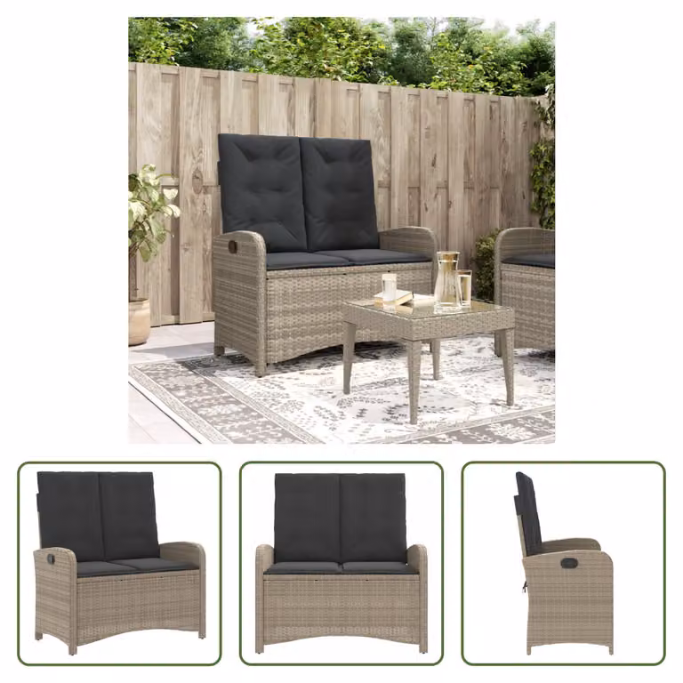 The Living Store Panca da giardino regolabile con cuscino Grigio chiaro in Poly Rattan