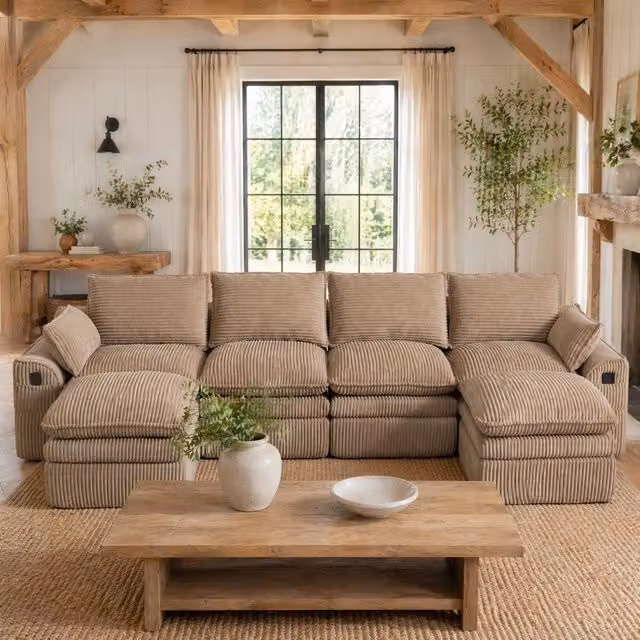 Divano componibile a L Mivray in velluto a coste verde e beige per soggiorno o ufficio, L 335 x P 167 x H 85 cm