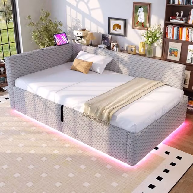 Letto Imbottito 90x200 cm in Velluto Grigio con Contenitore Idraulico; LED e Prese USB/Type-C