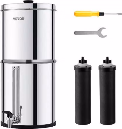 VEVOR Sistema di Filtraggio Acqua a Gravità in Acciaio Inox Argento, Capacità 7+8,5 L, con 2 Filtri al Carbone e Rubinetto, Ideale per Camper