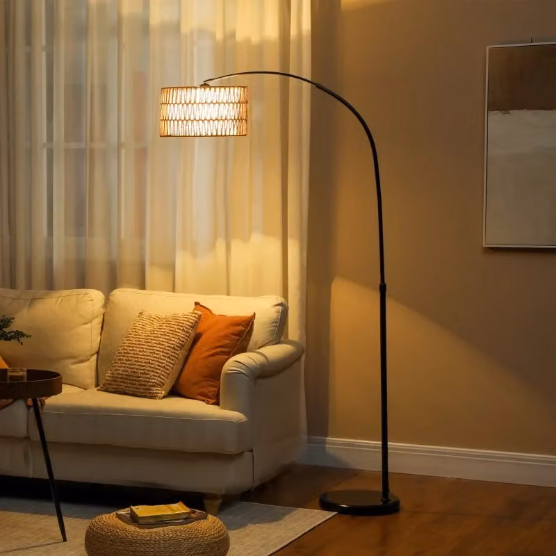 Lampada da terra ad arco regolabile in altezza con paralume in lino e struttura in metallo, attacco E27, disponibile in nero o beige – 2