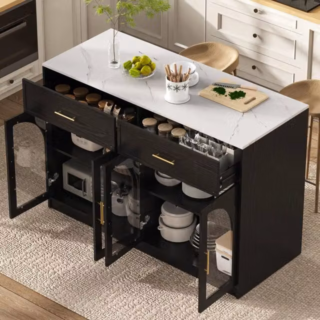 Isola da cucina nera con illuminazione LED, piano di lavoro ampio, ripiani regolabili e ante trasparenti