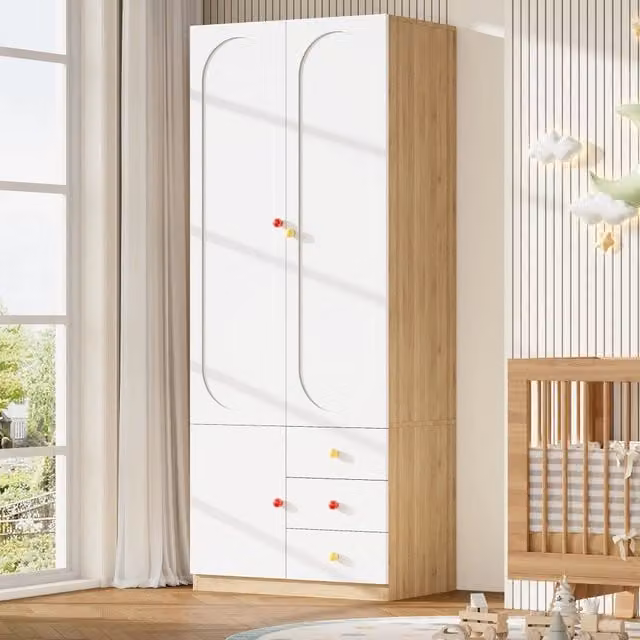 Armadio per bambini 80x50x200 cm con 2 ante e 3 cassetti in MDF bianco