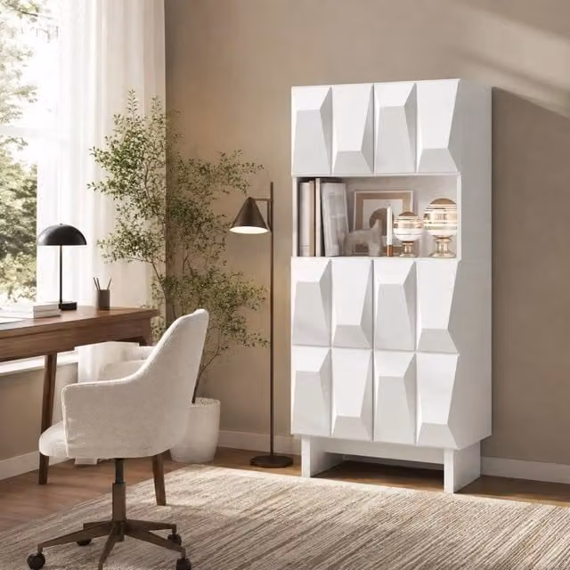 Vetrina con 4 ante vano aperto e ripiano regolabile per soggiorno studio in truciolare bianco 60,5 × 34 × 135,5 cm