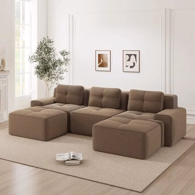 Divano Modulare Cloud a U da 3 Posti con Pouf MINIMAL in Velluto a Coste Marrone