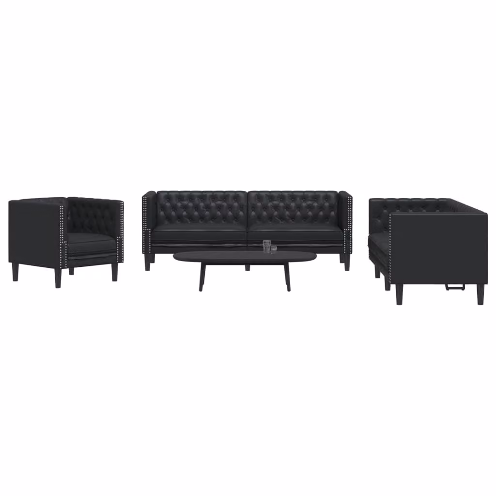 Set di Divani Chesterfield vidaXL in Similpelle Nero con Struttura in Legno Solido – 1