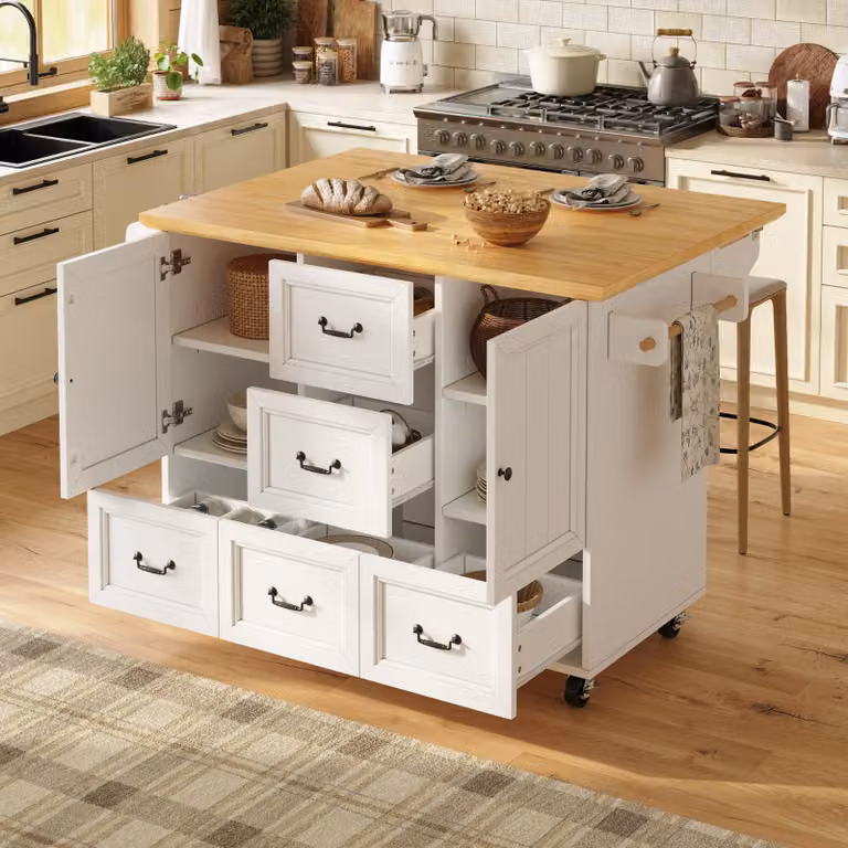 MODFU Armadio estraibile con portasciugamani, mobile da cucina su rotelle con ripiani regolabili, isola da cucina con cassetti e maniglie, Bianco