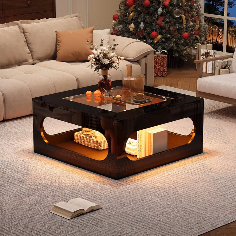 Tavolo da soggiorno AIORBER 70×70×35 cm quadrato a LED con vetro temperato, sezione centrale cava e vano portaoggetti, tavolino moderno in vetro lucido, nero