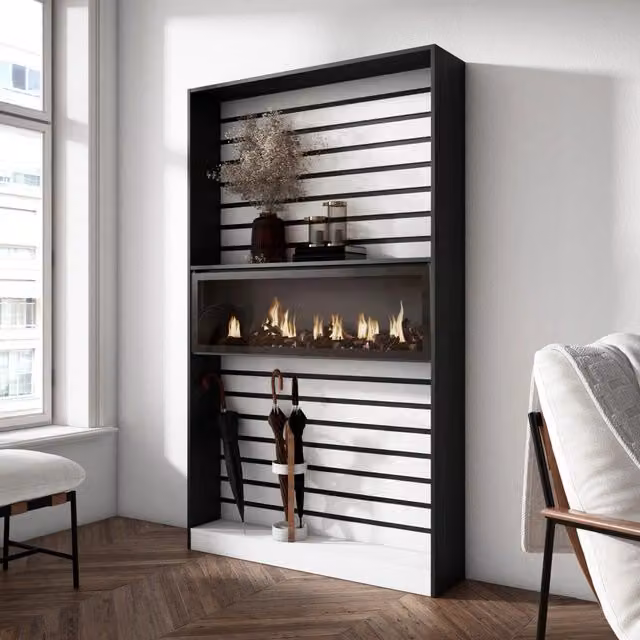 Libreria scaffale, 110x25x186cm, Soggiorno, Ufficio, Camino elettrico, Bianco e nero RF2328