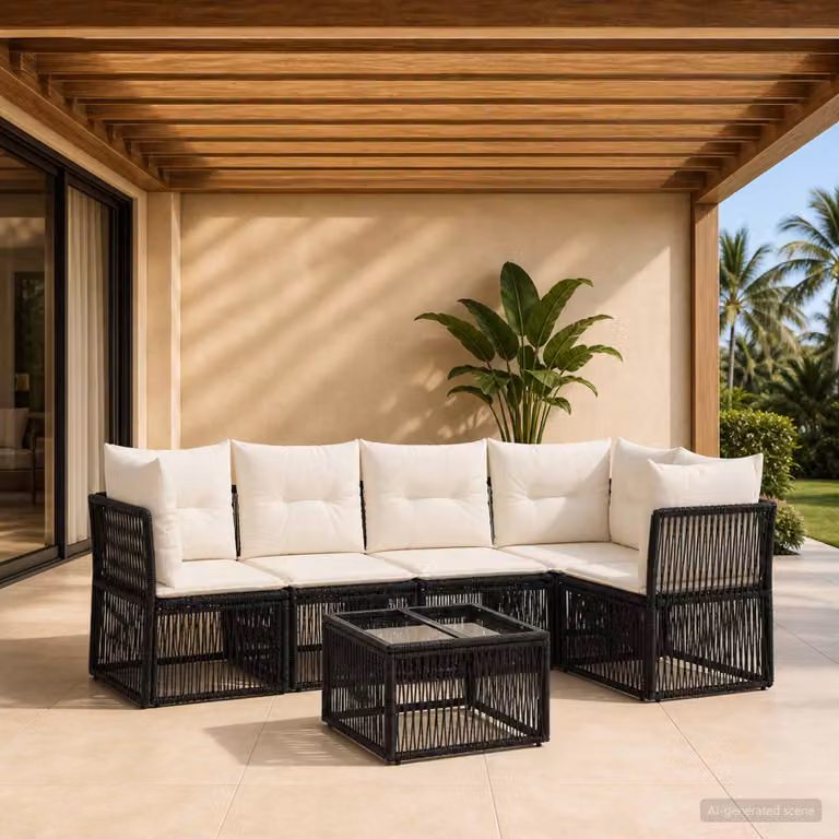 Set Divano da Giardino vidaXL 6 pz Nero con Poltrona, Elementi Angolari e Tavolino, Design Moderno a L con Cuscini Inclusi e Struttura in Acciaio Verniciato a Polvere