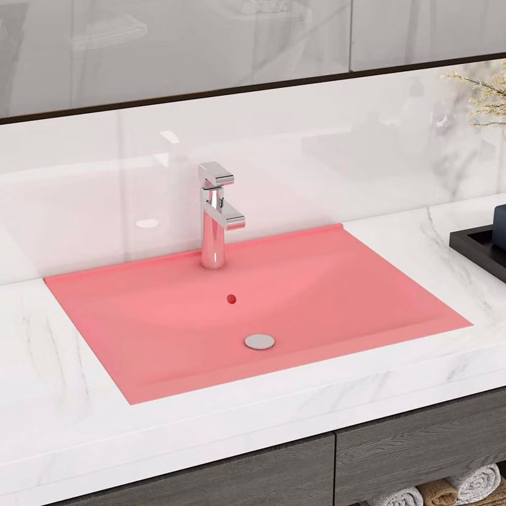 Lavandino rettangolare sospeso vidaXL in ceramica rosa opaco con foro rubinetto L: 60 cm, P: 46 cm, H: 16 cm