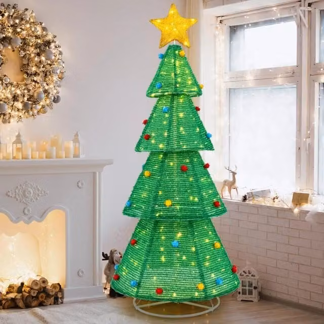 Albero di Natale Pieghevole Costway Verde con 200 Luci LED Bianco Caldo e Decorazioni, Altezza: 190 cm – 1