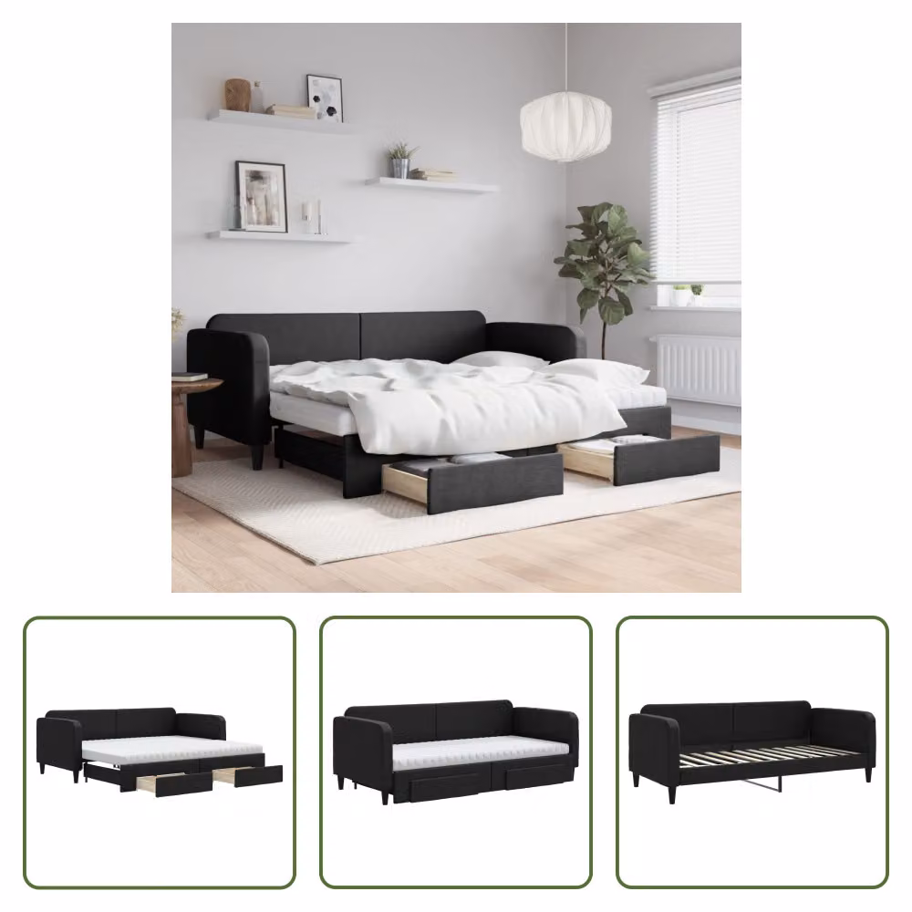 The Living Store Letto allungabile con cassetti nero 90x200 cm tessuto