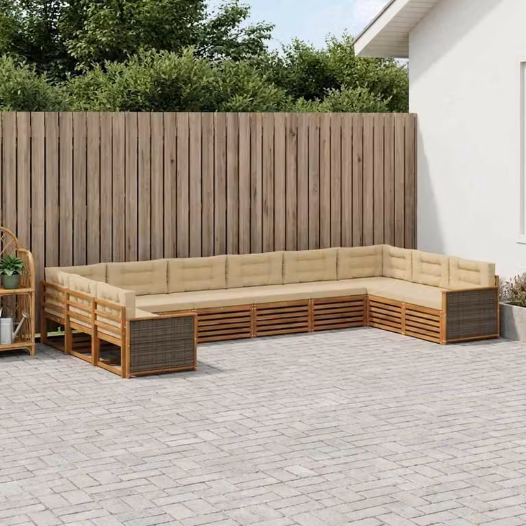 Set di divani da giardino vidaXL in legno di acacia massello, 10 pezzi, colore marrone e beige con cuscini inclusi, design moderno a L
