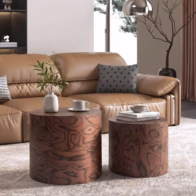 Set 2 Tavolini da Caffè Rotondi a Incastro, Design Ceppo d'Albero, Grana Naturale Pommele Marrone, Stile Rustico Wabi-Sabi, Nessuna Montaggio