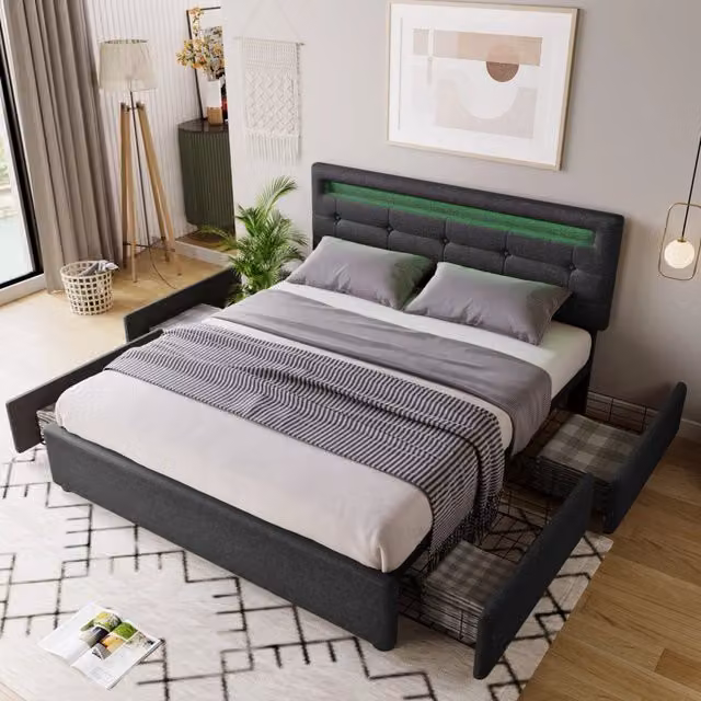 Letto matrimoniale WISHDOR in tessuto grigio con illuminazione LED sottostante, 4 cassetti e testiera regolabile, L/P/H: 140 x 200 x 103 cm