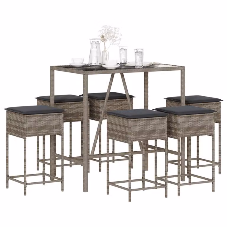 Set Bar da Giardino vidaXL in Polyrattan Grigio e Nero con 7 Pezzi e Cuscini