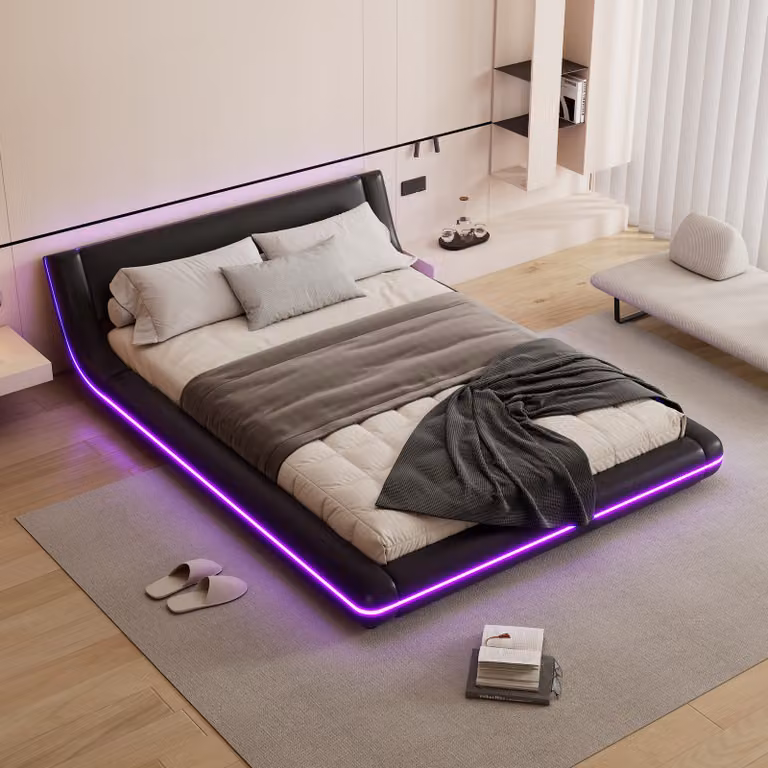 STILVORA Letto matrimoniale 140x200 cm. Letto imbottito funzionale, ideale per ragazzi, con illuminazione a LED. Design semplice e pratico, colore nero (senza materasso)