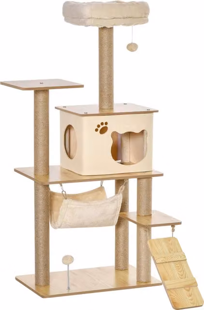 Albero tiragraffi per gatti PawHut multilivello con casetta, amaca e corde in juta, rivestimento in peluche, L/P/H: 60 x 40 x 130 cm, giallo e beige